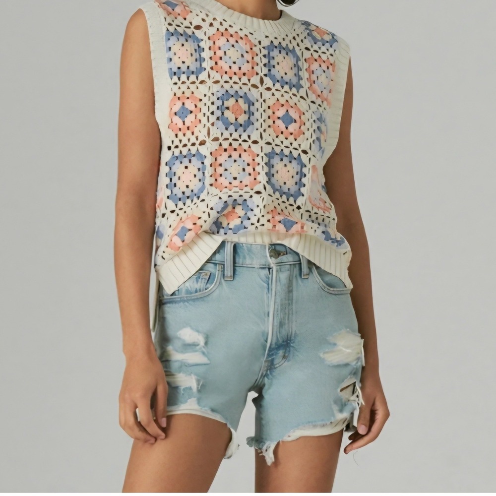 Lucky Brand Women's Granny Square Crochet‎ Sweater Pullover Vest Cream Boho Sz M